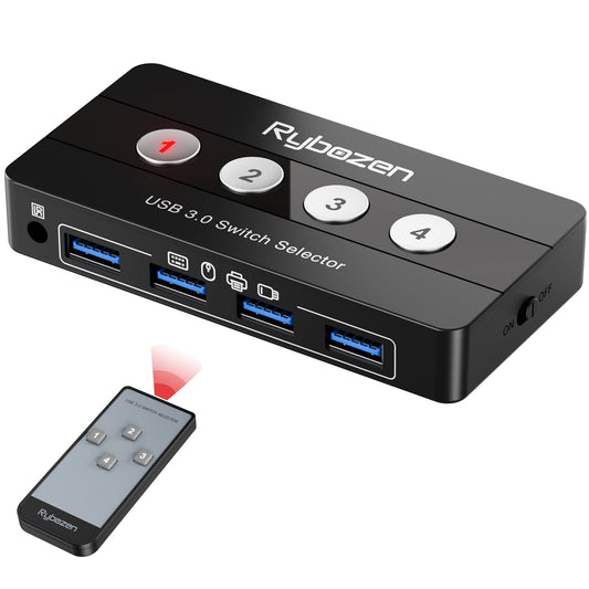 Jancane USB 3.0 Switch Selector, 4 Port KVM Switch USB Peripheral Switcher Box, 4 Computers Sharing 4 USB Devices, Button Switch & Remote Control