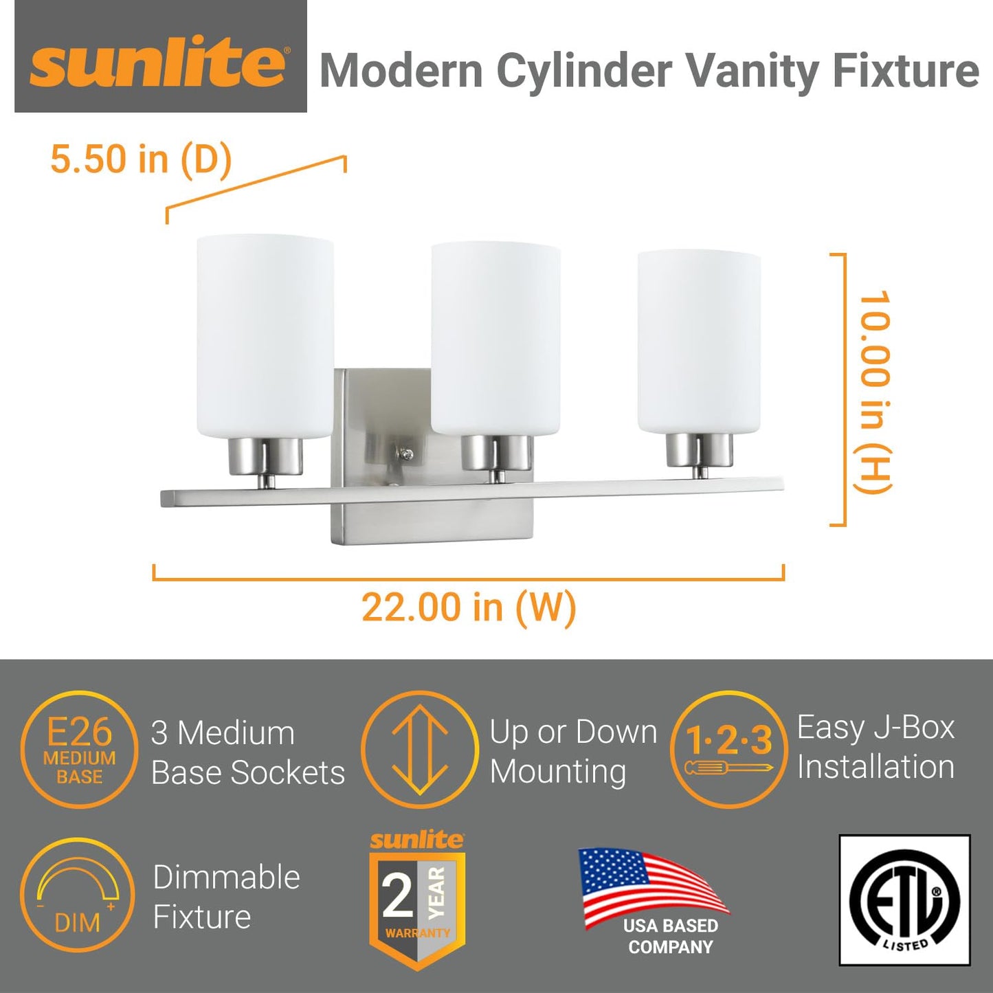Sunlite 81321-SU 22" Modern Cylinder Vanity Light Fixture, Wall Mount, Medium (E26) Socket, Standard A19 Bulb Required (60W Max), Frosted Glass Shade