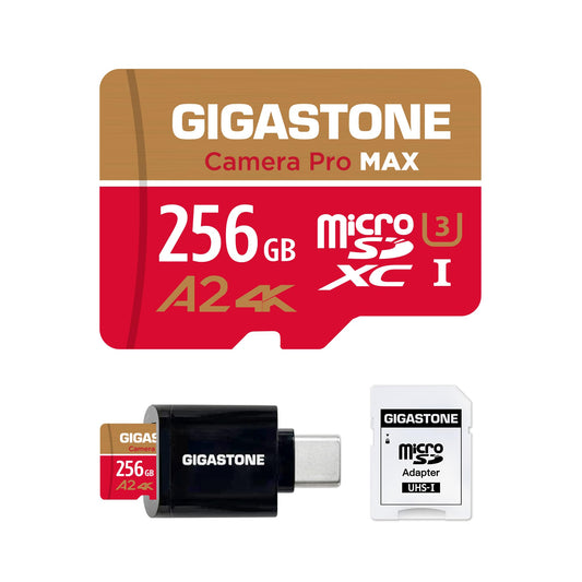 ?5-Years Data Recovery? GIGASTONE 256GB Micro SD Card with USB 3.2 Type C Card Reader, 4K Camera Pro MAX, Speed Up to 130MB/s Compatible with Gopro