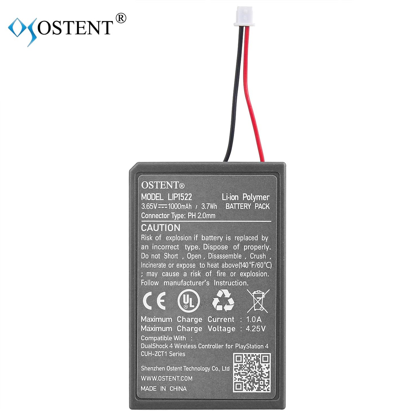 OSTENT 1000mAh 3.65V 3.7Wh Rechargeable Li-ion Battery Pack Replacement for Sony PS4 Pro/Slim CUH-ZCT2 Series Bluetooth Wireless Dual Shock Controller