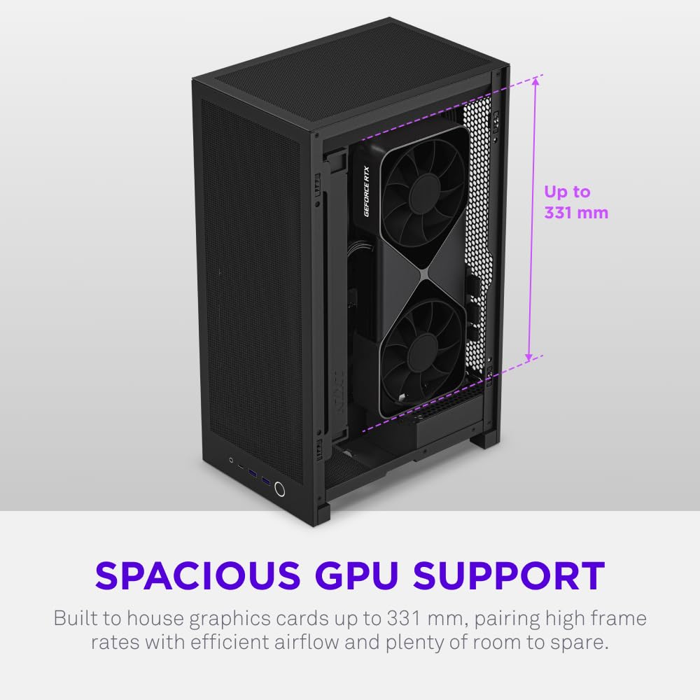 NZXT H2 Flow - Mini-ITX 20.7L High Airflow PC Case - Includes 2 x 120mm Top Fans & PCIe 5.0 Riser Cable - 331mm GPU - 280mm Radiator - Black