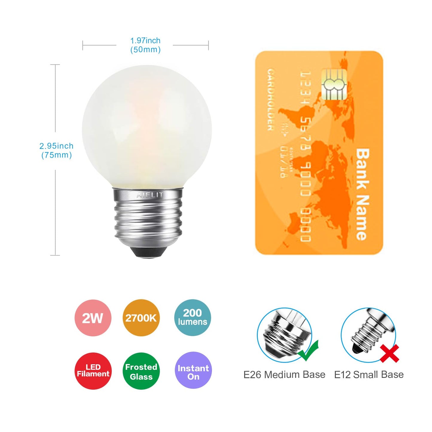 AIELIT Dimmable 2 Watt Globe Frosted LED Light Bulbs 25W Equivalent, Warm White 2700K, A15/A50 LED Bulb, E26 Medium Base, Antique Filament Edison