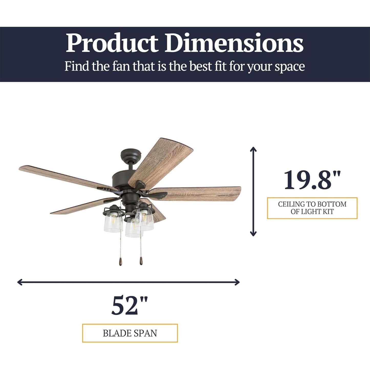 Prominence Home River Run 52 Inch Ceiling Fan with LED Light, Pull Chain Control, 5 Blades with Reversible Motor and Tri-Mount Options, Bronze