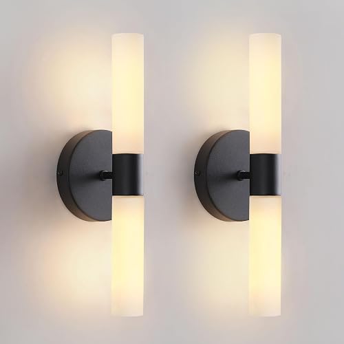 KUZZULL Wall Sconces Set of Two Matte Black Bathroom Wall Sconce Light Set of 2 Modern Wall Light Fixtures Metal Sconces Wall Lighting with White