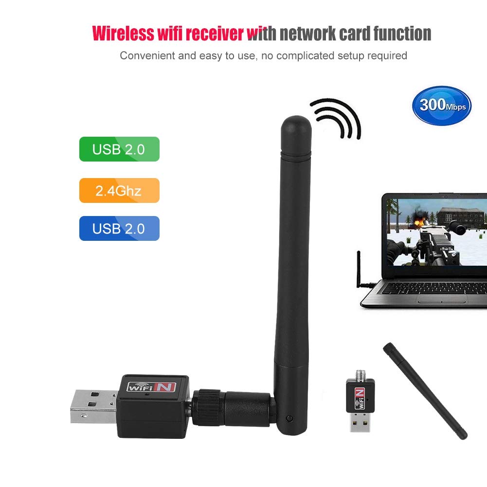 ASHATA USB 2.0 WiFi Adapter, 300Mbps Wireless Network Dongle with High Gain Antenna, 2.4GHz 802.11b/g/n, for PC/Desktop/Laptop/Tablet