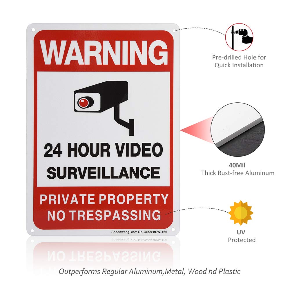 Sheenwang 2-Pack Private Property No Trespassing Sign, video surveillance signs outdoor, UV Printed .040 Mil Rust Free Aluminum 10 x 7 in, Security