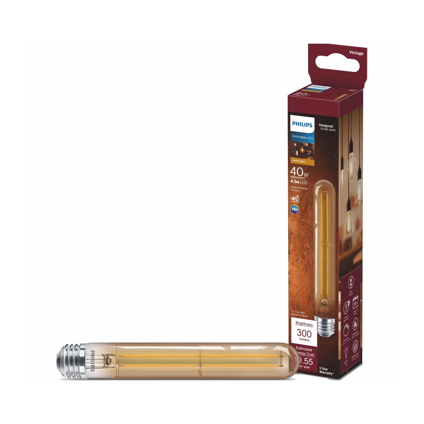 Philips LED Vintage Dimmable T10 Light Bulb - EyeComfort Flicker Free - 4.5W = 40W - 300 Lumen - Amber (2000K) - E26 Base - Indoor -Title 20