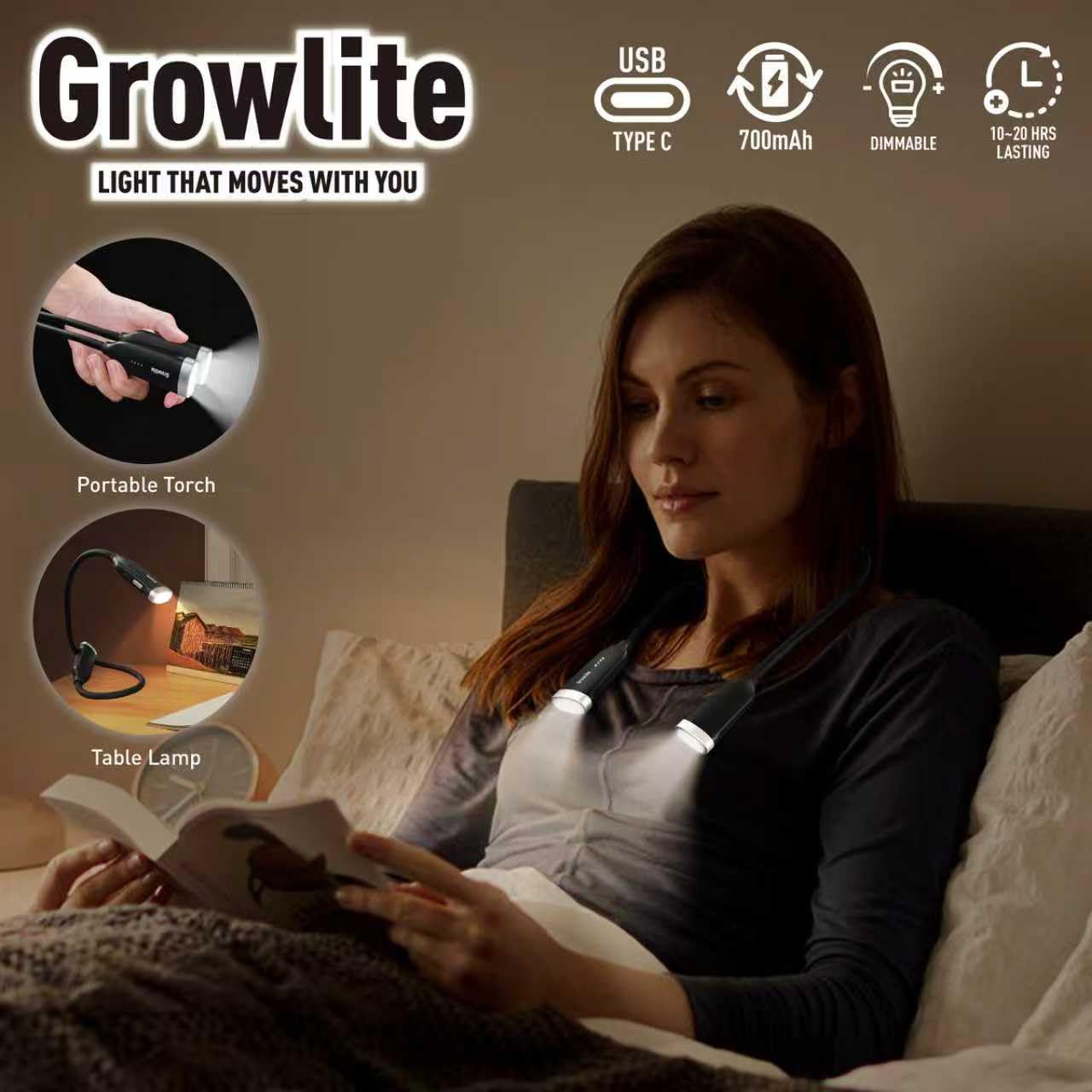 Neck Reading Light, 3 Color & Brightness Adjustable Book Light for Reading in Bed, Hands-Free, Lightweight, USB C Rechargeable, Eye-Caring, Perfect