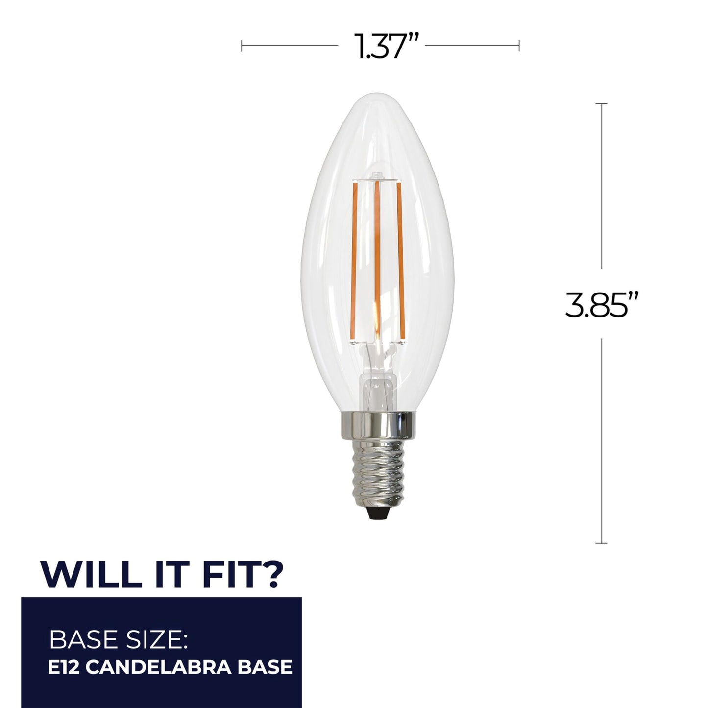Bulbrite 4 Watt LED Filament Light Bulb, Fully Dimmable, 2700K, E12 Candelabra Base, High CRI for Truer Color Renderring (Pack of 4)
