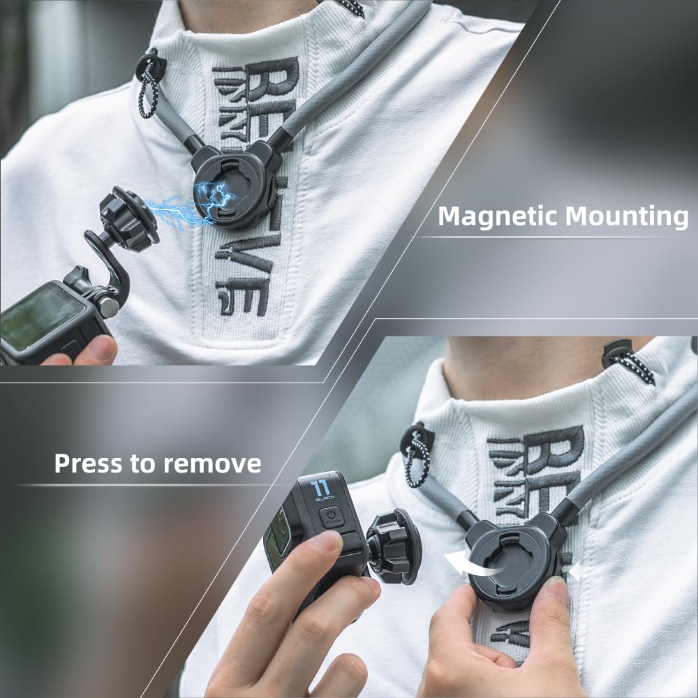 SUREWO Magnetic Neck Holder Mount for Gopro, POV Necklace Mount Quick Release Hands Free Mounting for Go Pro Hero 13/12/11/10/9/8/7 Black,DJI Osmo