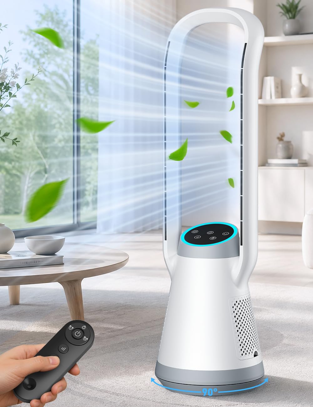 Fancole 35" Bladeless Tower Fan with Remote 25ft, 20dB Ultra Quiet Bladeless Cooling Fan w/ 5 Accent Ambient Lighting Modes, 3 Speeds, 12H Timer, 120°