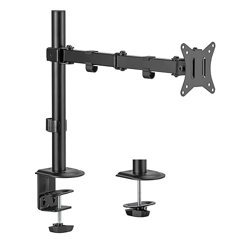 Mount-It! Single Monitor Arm 17" to 32", Full Motion Adjustment with Tilt, Rotation, Swivel, Height Adjustment Along Pole, Clamp or Grommet Mounting