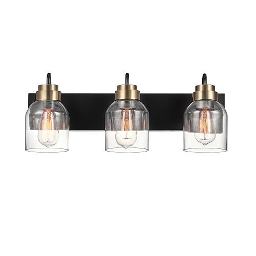 Globe Electric 63000200 22" 3-Light Vanity Light, Matte Black, Matte Brass Accents, Glass Shades, Beauty Room Accessories, Lights for Bathroom, Powder