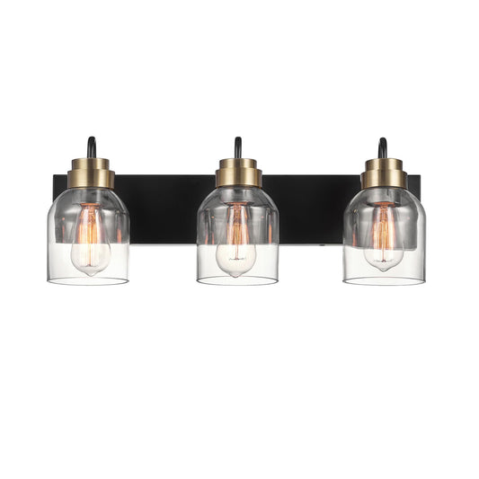 Globe Electric 63000200 22" 3-Light Vanity Light, Matte Black, Matte Brass Accents, Glass Shades, Beauty Room Accessories, Lights for Bathroom, Powder