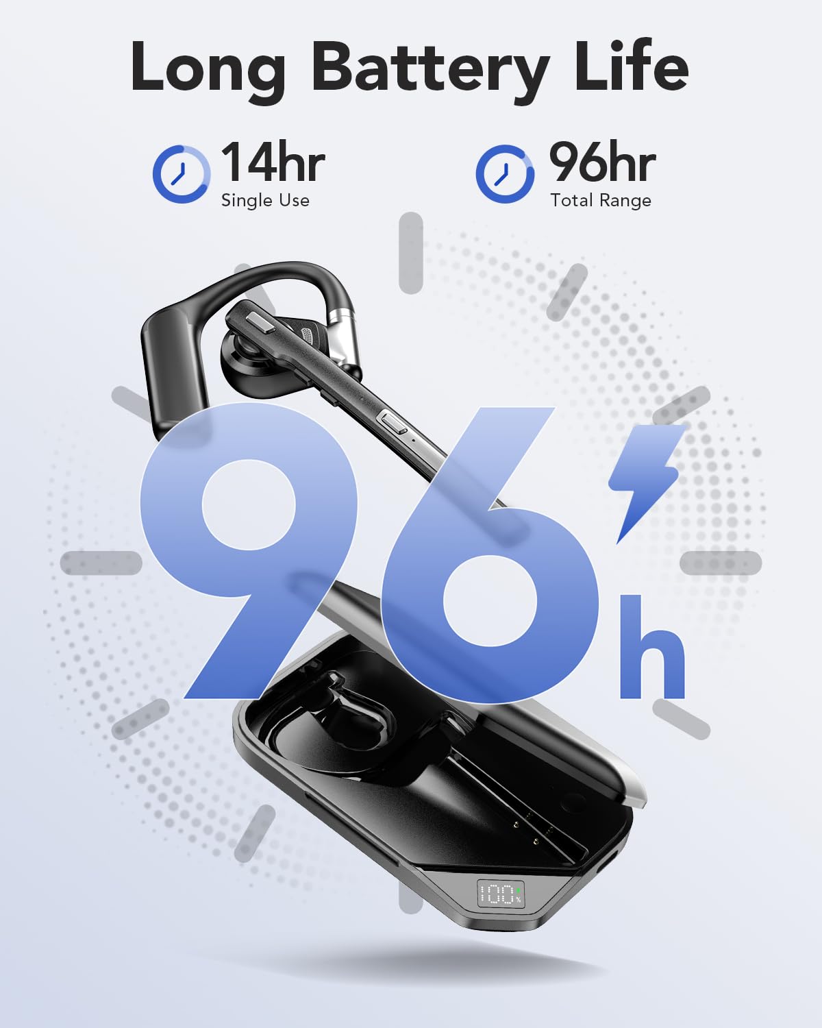 Bluetooth Headset V6.0, Open Ear Wireless Earpiece with Noise Canceling Mic, 96H Talking Time with the 950 mAh Charging Case for iOS Android Laptop