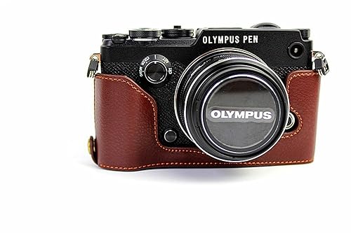 PEN-F Case, BolinUS Handmade Genuine Real Leather Half Camera Case Bag Cover for Olympus PEN-F Bottom Opening Version + Hand Strap - Coffee