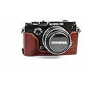 PEN-F Case, BolinUS Handmade Genuine Real Leather Half Camera Case Bag Cover for Olympus PEN-F Bottom Opening Version + Hand Strap - Coffee