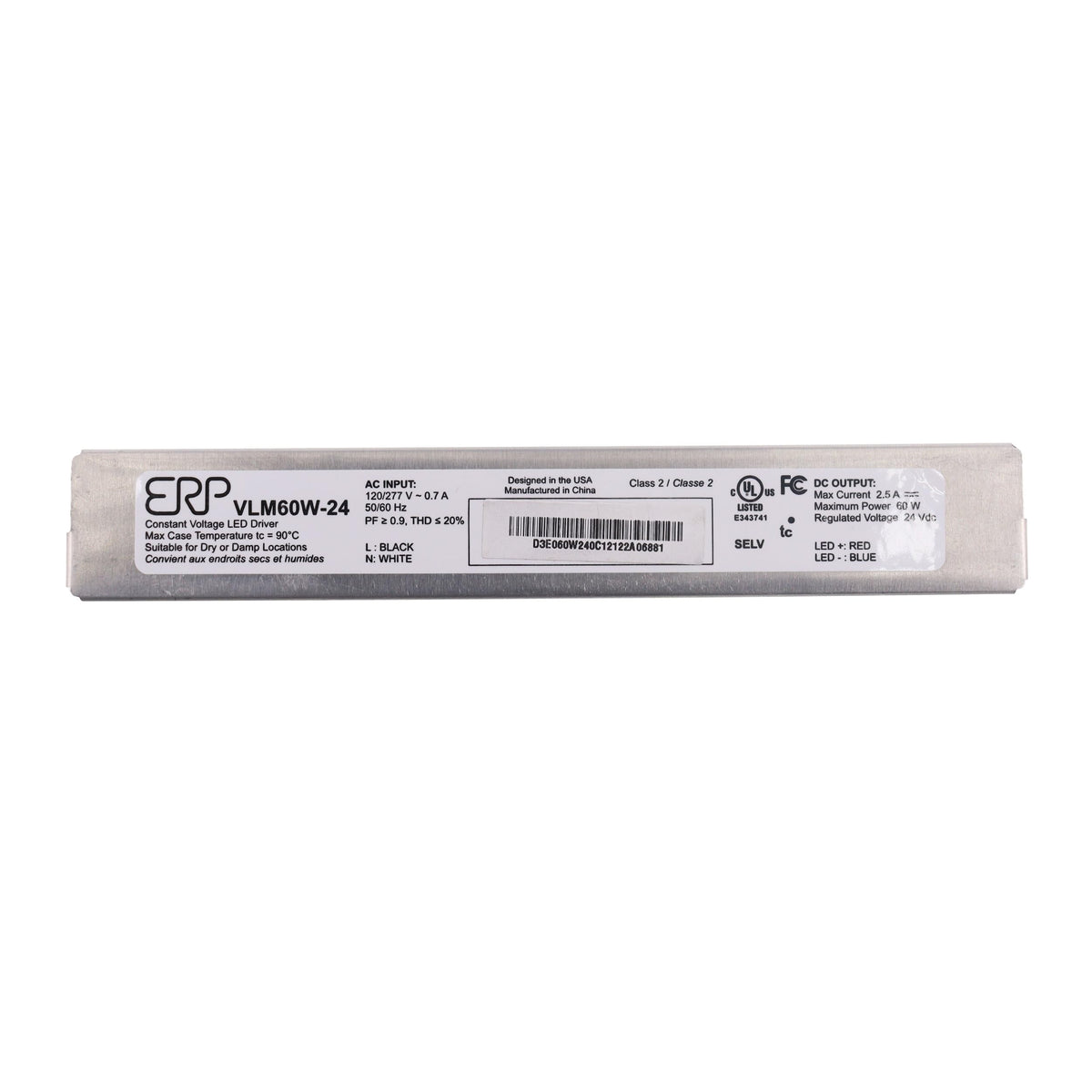 VLM60W-24 CV LED Power Supply 60W 24V 0.05-2.5A, IP20 Aluminum Case, 5.12 x 0.78 x 0.78 in, Very high Power Density of 20 W/in3, 90% eff., 120-277 Vac