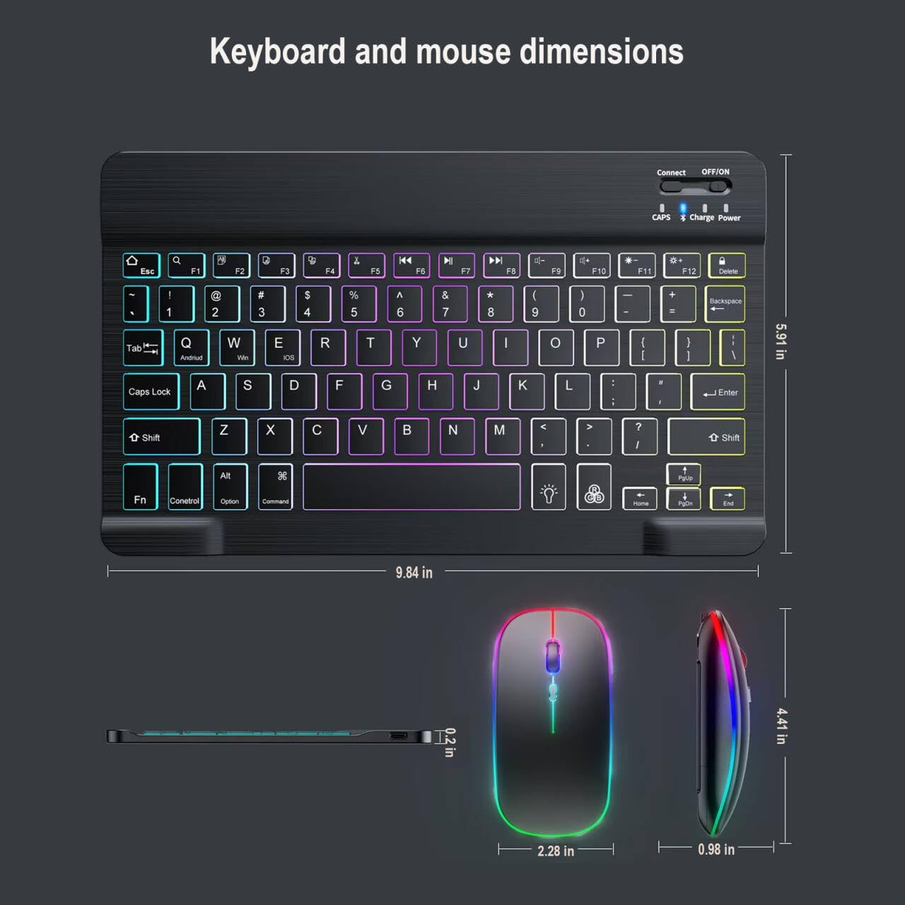 Ultra-Slim Lightweight Bluetooth Keyboard and Mouse Portable Mini Wireless Keyboard Rechargeable 7-Color Backlit for Apple iPad iPhone,Tablet iPhone
