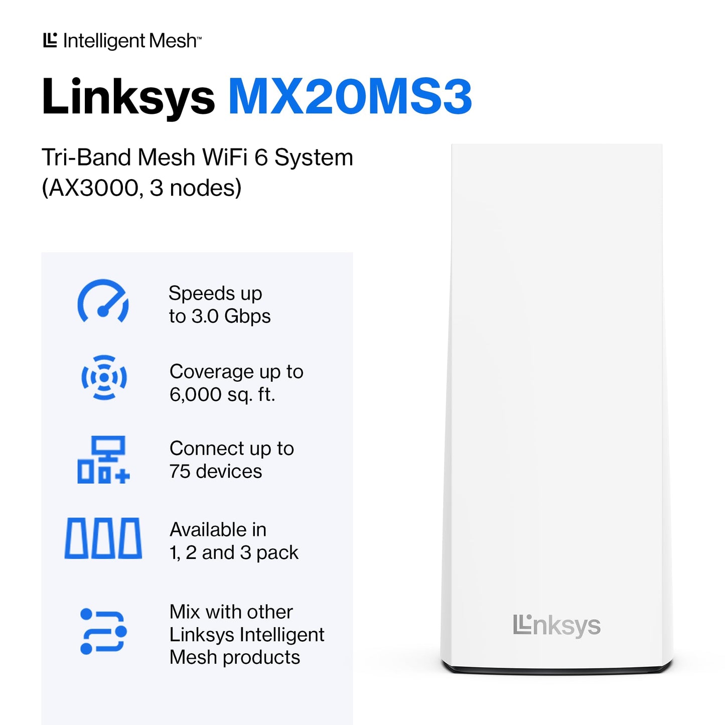 Linksys Atlas WiFi 6 Router Home WiFi Mesh System, Dual-Band, 6,000 Sq. ft Coverage, 802.11ax, 75+ Devices, Speeds up to (AX3000) 3.0Gbps - MX20MS3