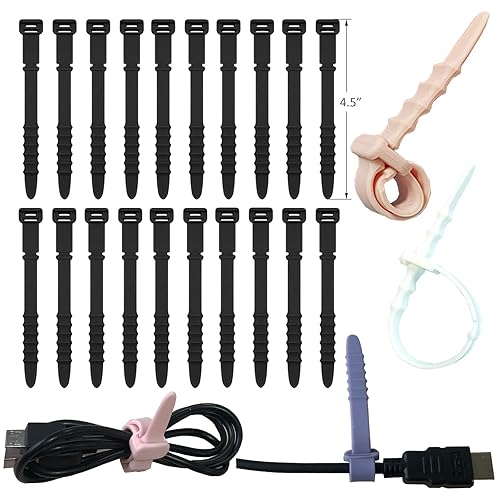 Silicone Zip Ties, Reusable Zip Ties, 20pcs Rubber Cable Ties Straps for Wire Management, Elastic Cable Organizer for Home Office Table Desk. Black