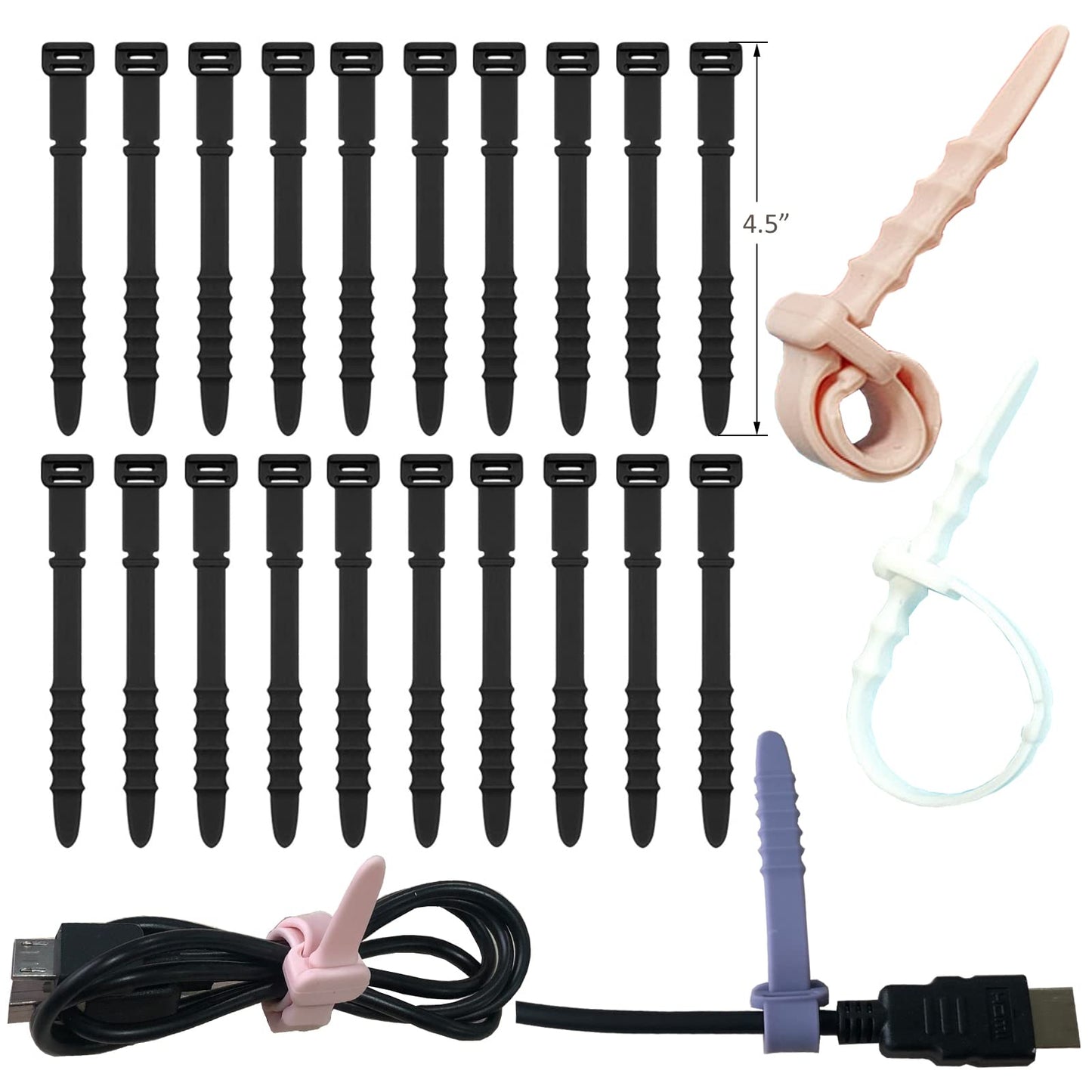 Silicone Zip Ties, Reusable Zip Ties, 20pcs Rubber Cable Ties Straps for Wire Management, Elastic Cable Organizer for Home Office Table Desk. Black