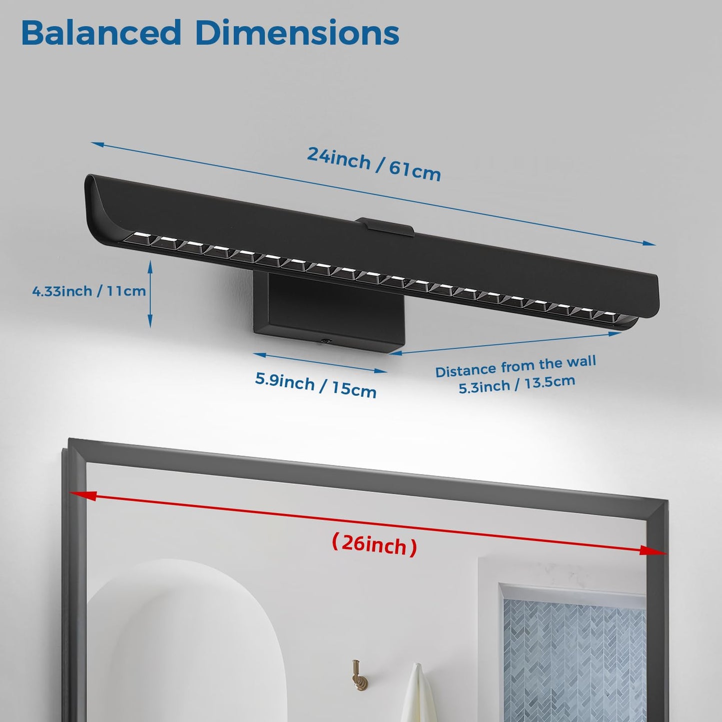 ECOBRT Bathroom Vanity Light, 24 Inch Modern Linear LED Vanity Lights for Bathroom Over Mirror, Dimmable Matte Black Wall Sconce Lighting Fixture