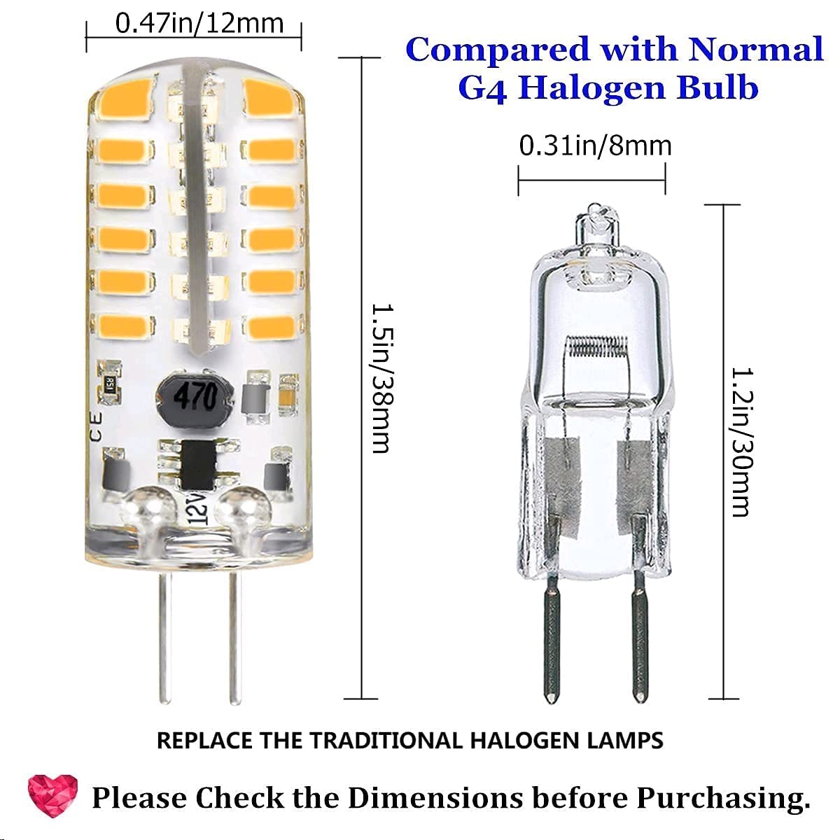 G4 LED Bulbs 12V 3W Bi-Pin LED Light Bulbs 48×3014 SMD 20W Halogen Bulb Replacement Silicone Coated Shatterproof 220 Lumens 360° Beam Angle AC/DC