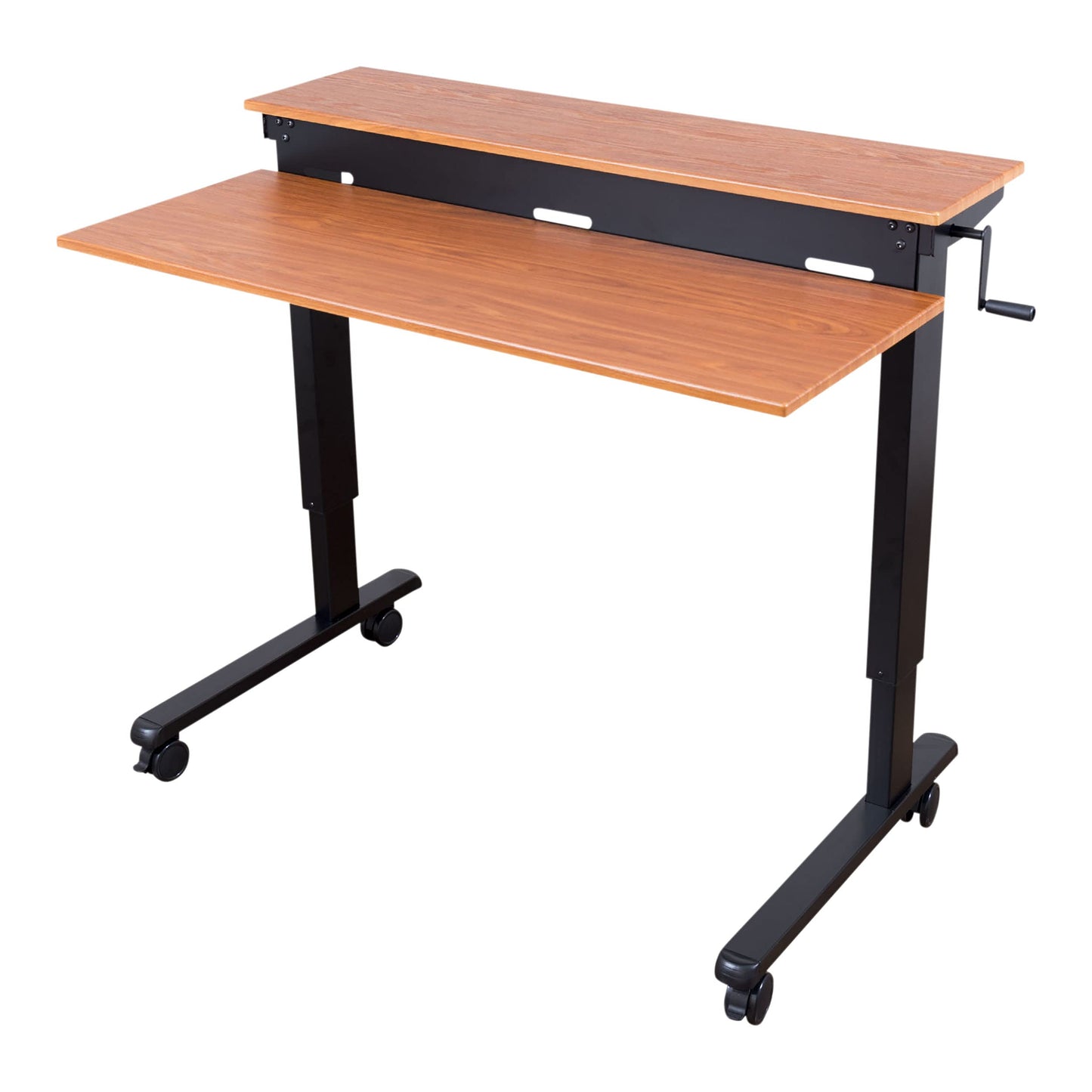 Stand Up Desk Store Crank Adjustable Two Tier Standing Desk with Heavy Duty Steel Frame (Black Frame/Teak Top, 48" Wide)