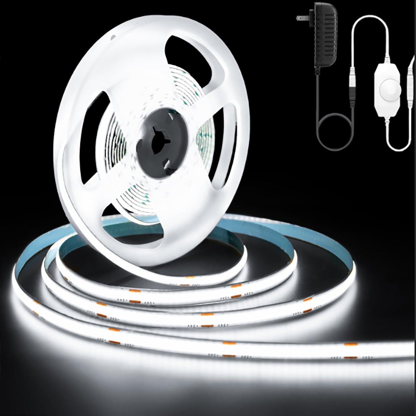 GUPUP 16.4ft COB Turnable Rope Light, White LED Strip Light, 6500K 24V, 1600 LEDs Density Lighting Strip with Dimmable Switch, 3M Adhesive, CRI?90