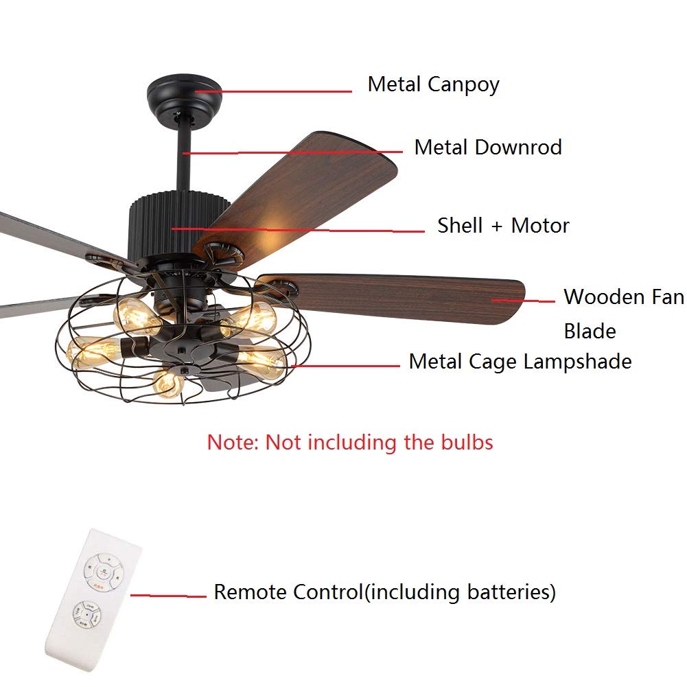 WUPYI 52 Inch Black Ceiling Fan with LED Light and Remote Control,Creative Design Chandelier Fan Light with 5 Wood Reversible Blades Black Metal