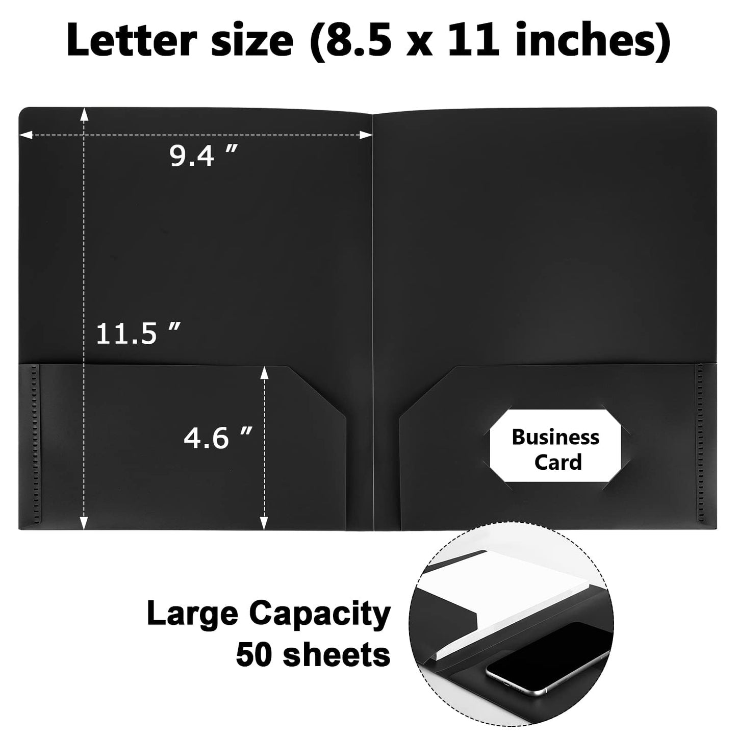 6 Pack Black File Folders with Pockets, Letter Size Plastic 2 Pocket Folder
