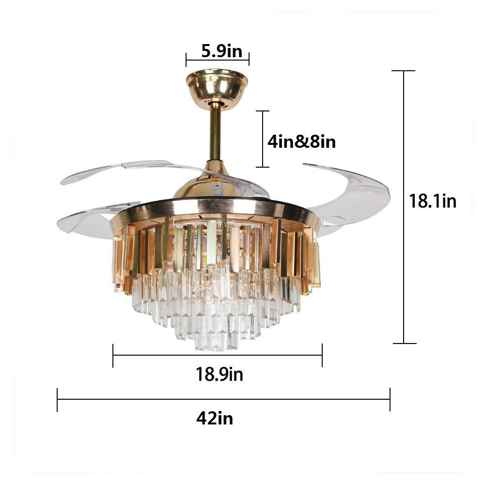 42" Luxury Crystal Ceiling Fan with Lights Retractable Blade Ceiling Fan with Remote Control Modern Fandelier Ceiling Fan Chandelier with Lighting