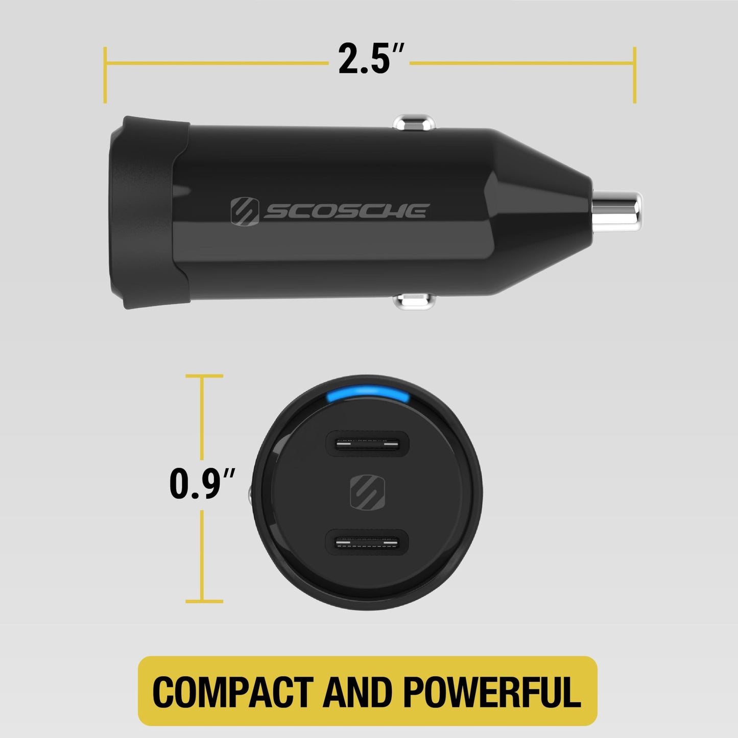 Scosche CPDCC40M PowerVolt 40W Certified Dual Port USB-C Car Charger, Flush Cigarette Lighter Adapter, Fast Charging Car Plug for 12V Power Outlet
