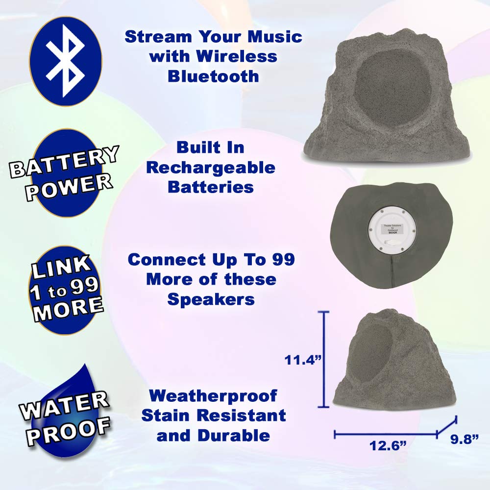 Theater Solutions B63GR Fully Wireless 100 Watt Rechargeable Battery Bluetooth 6.5" Rock Speaker Slate Grey Link Up to 99 Speakers Wirelessly
