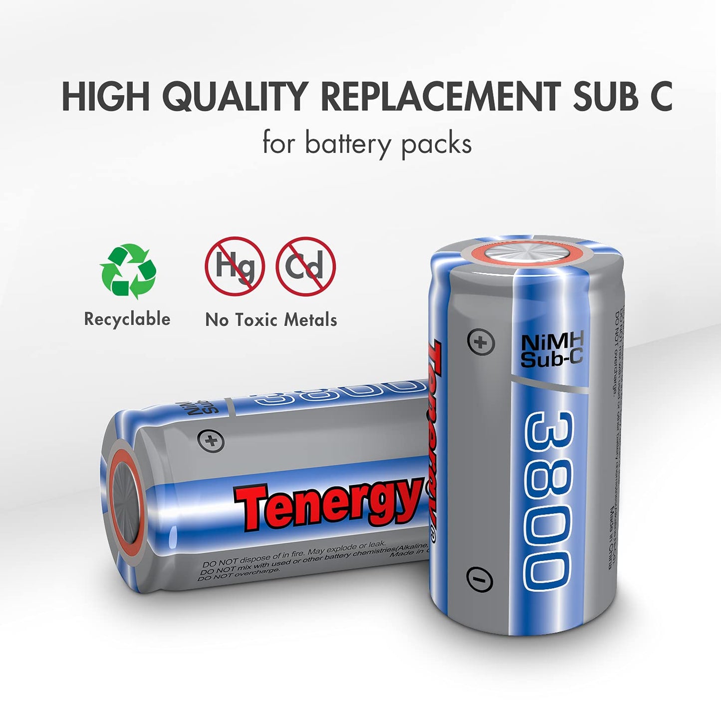 Tenergy NiMH SubC 1.2V 3800mAh Rechargeable Batteries, for Power Tools, 10 Pack