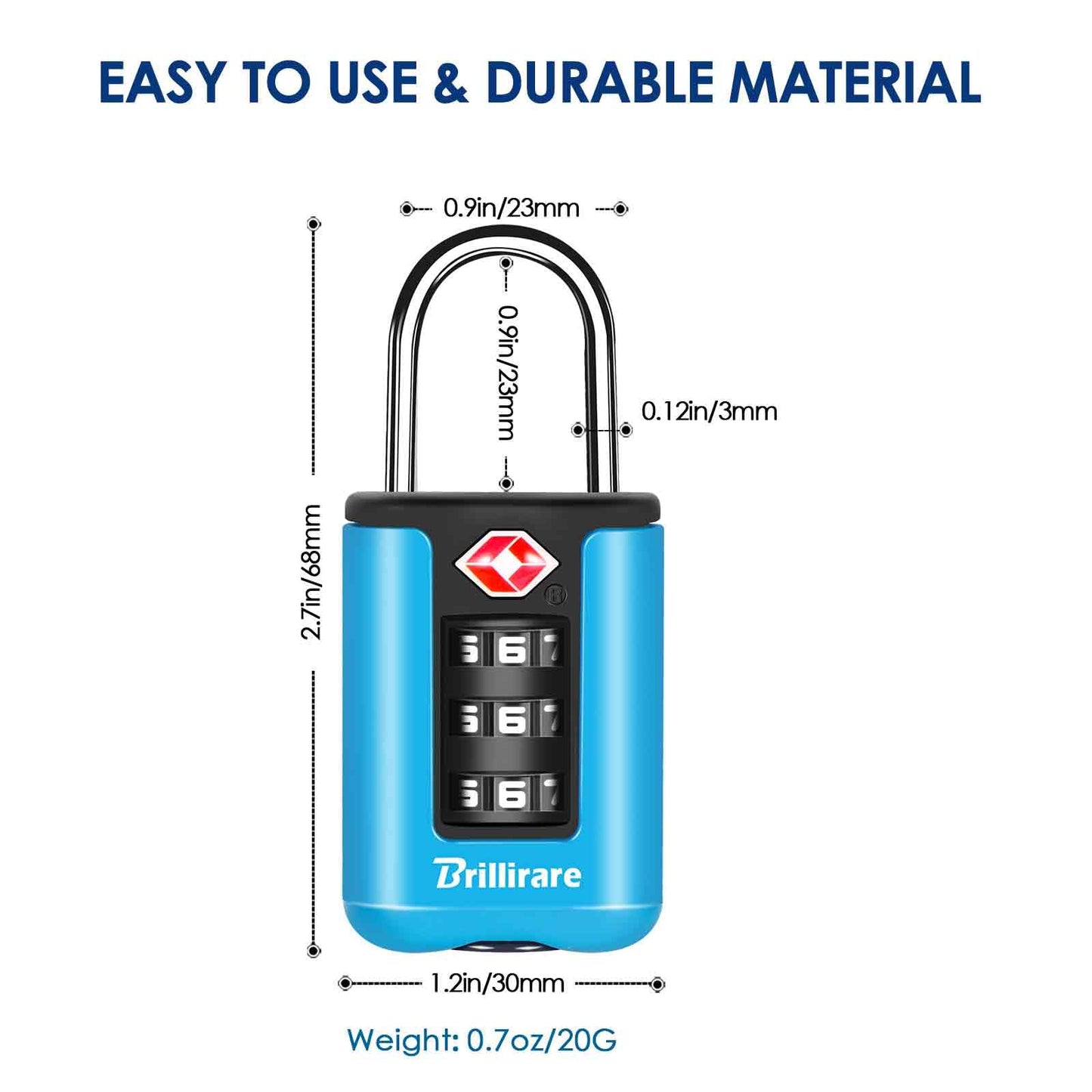 BRILLIRARE TSA Approved Luggage Locks 2 Pack – 3 Digit Waterproof Combination Padlocks, Resettable Travel Locks for Bags, Lockers & Gym (Blue)