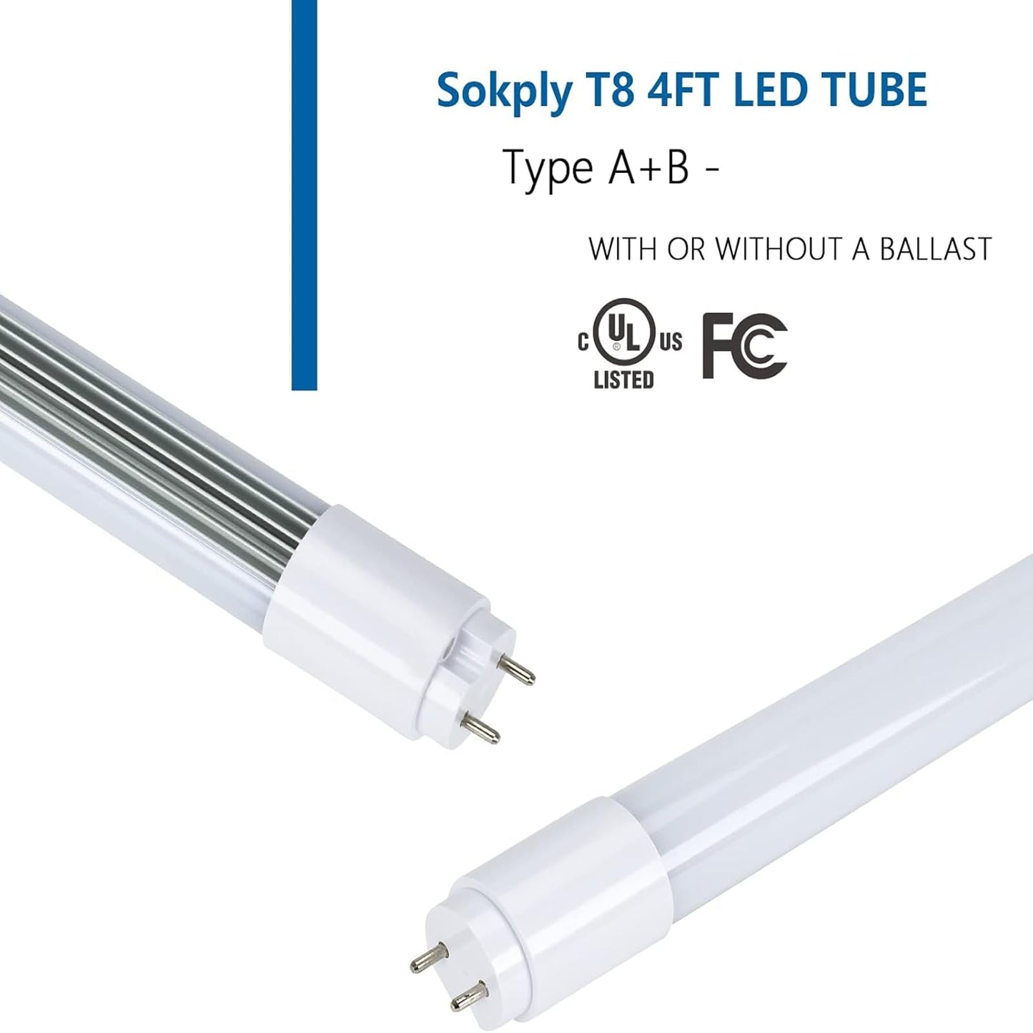 Sokply T8 T12 4FT LED Bulbs Light Tube Type A+B 18W 2250LM, F32T8/F40T12 LED Fluorescent Replacement, 6000K White Light, Plug and Play or Ballast