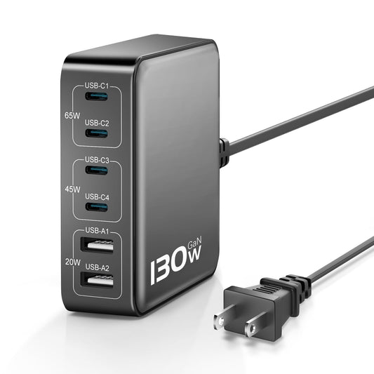 MSTJRY USB C Fast GaN Charger Block : 130W 6 Port PD Multiport Charging Station Hub Brick for Multiple Devices - 65W Desktop Laptop Power Adapter