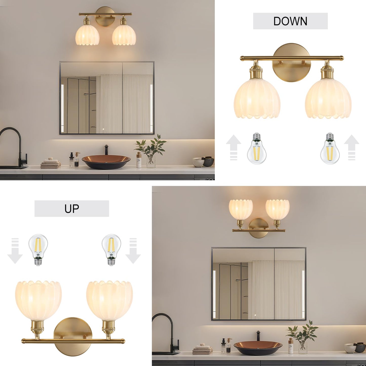 Rnidaipi Bathroom Light Fixtures, 2-Light Vanity Wall Light Over Mirror with White Tulip Glass Shade for Bedroom Living Room, Brass Gold