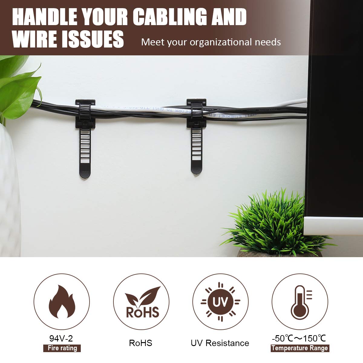 50Pcs Adhesive Cable Management Clips with 50Pcs Zip Ties, Adjustable Nylon Cable Strap Ties Wire Clips Clamps Organizer with Strong Adhesive Tape