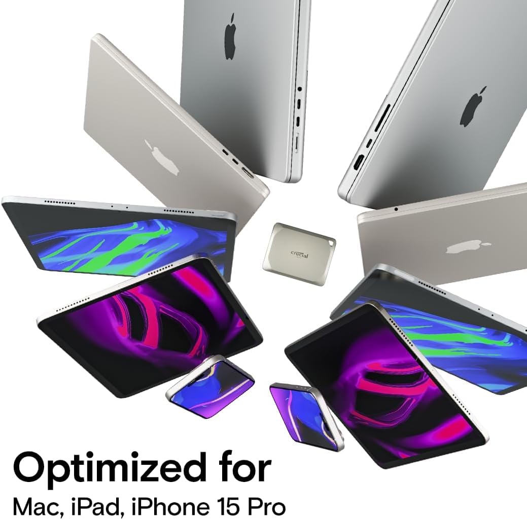 Crucial X9 Pro for Mac 1TB Portable SSD, Up to 1050MB/s Read/Write, 3.2 USB-C, External Solid State Drive, Optimized for Apple Devices