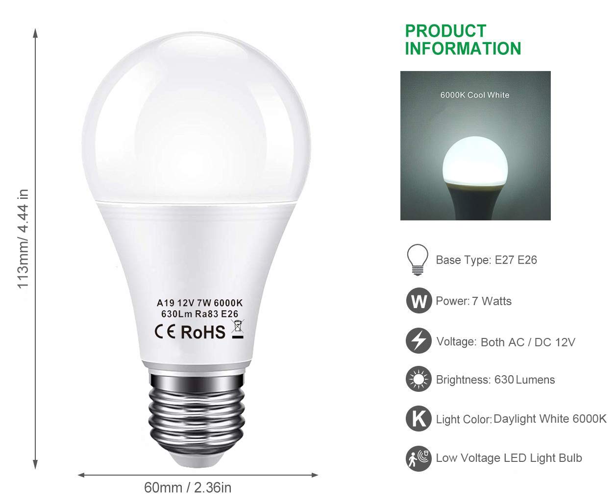 BAYSHE 12V Low Voltage LED Light Bulb E26 Base, 7W 630LM Cool White 6000K