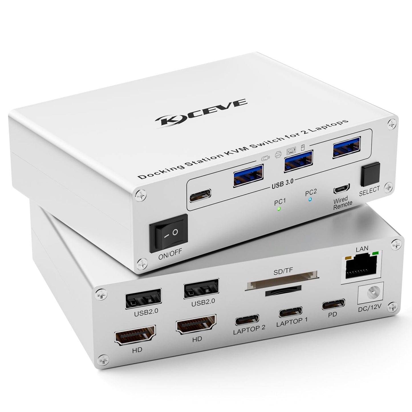 KCEVE 15-in-1 KVM Switch USB C Docking Station, USB 3.0 KVM Switch 2 Monitors 2 Laptops HDMI 4K@60Hz, 80W PD, 5Gbps, MST, Gigabit Ethernet, SD/TF
