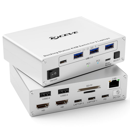 KCEVE 15-in-1 KVM Switch USB C Docking Station, USB 3.0 KVM Switch 2 Monitors 2 Laptops HDMI 4K@60Hz, 80W PD, 5Gbps, MST, Gigabit Ethernet, SD/TF