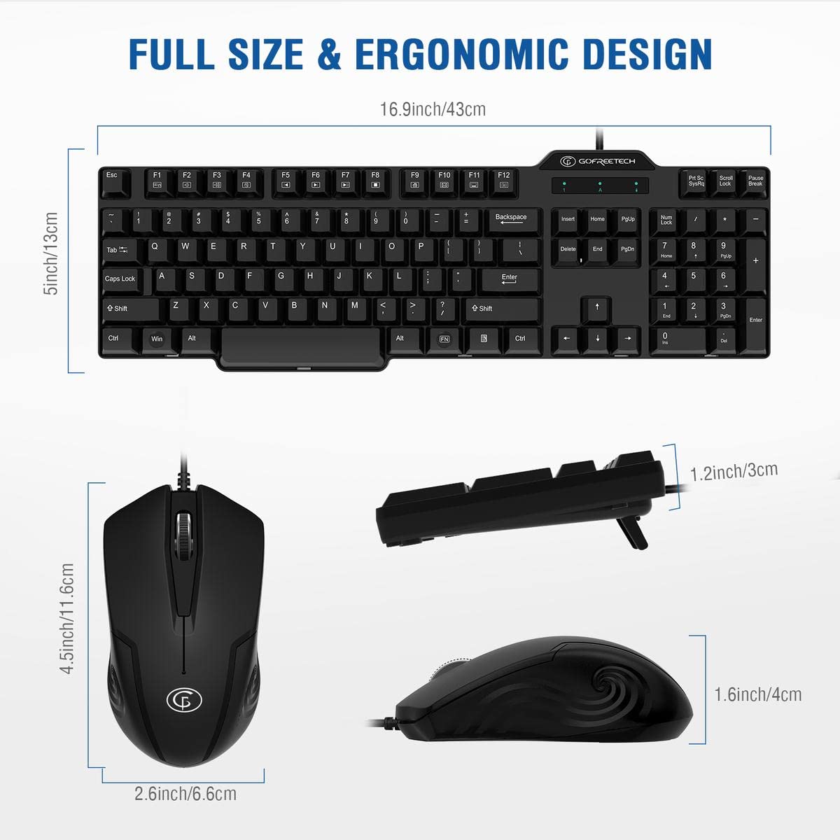 Wired Keyboard and Mouse Combo, Gofreetech Full-Size Keyboard and Mouse Combo with Optical Wired Mouse, USB Plug-and-Play, Compatible with Windows Mac