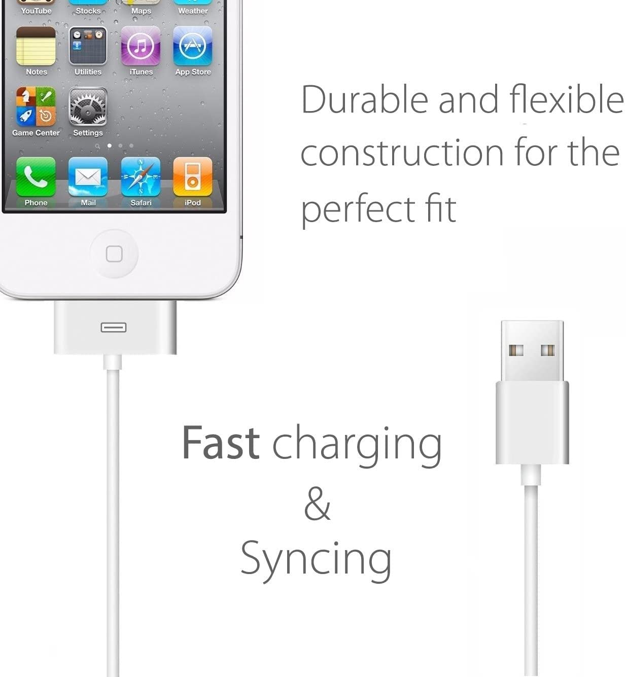Apple MFi Certified 30-Pin to USB Cable for iPhone 4/4S, iPad 1/2/3, iPod Classic/Touch/Nano Charging & Sync