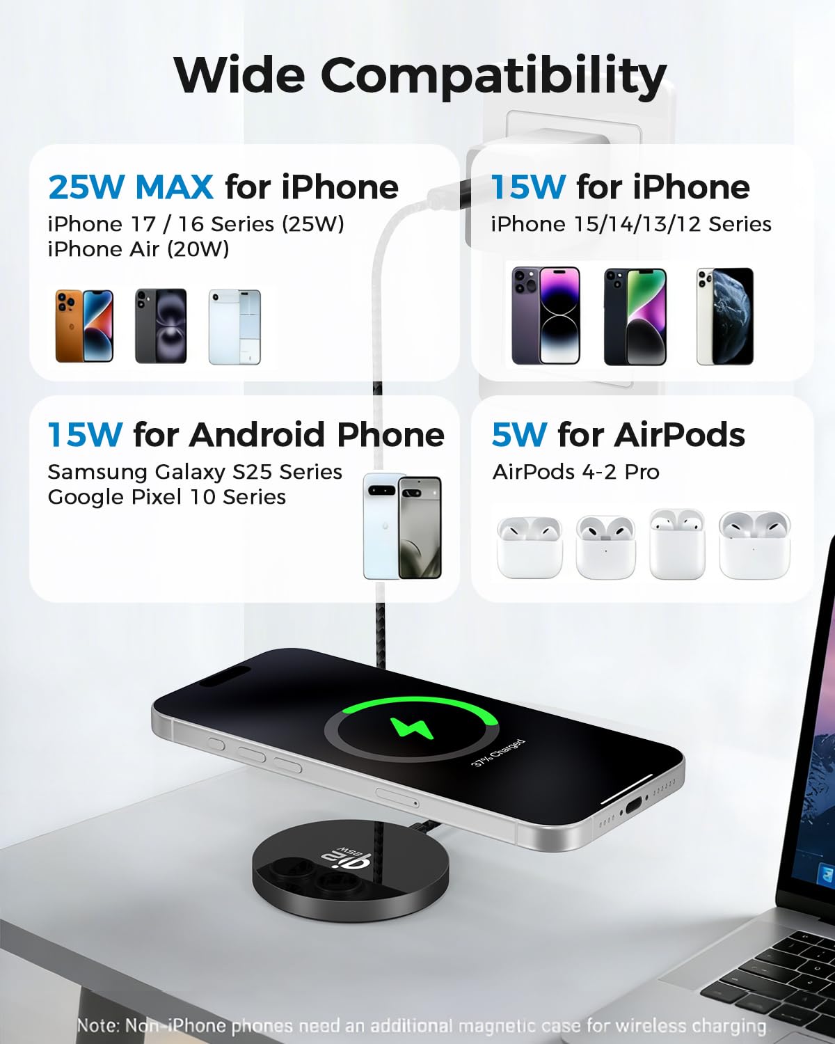 UZLNL 25W Magnetic Wireless Charger, Qi2.2 Fast Wireless Charging Pads with Kickstand,MagSafe Charger for iPhone 17/16/15/14/13/12 Series & AirPods