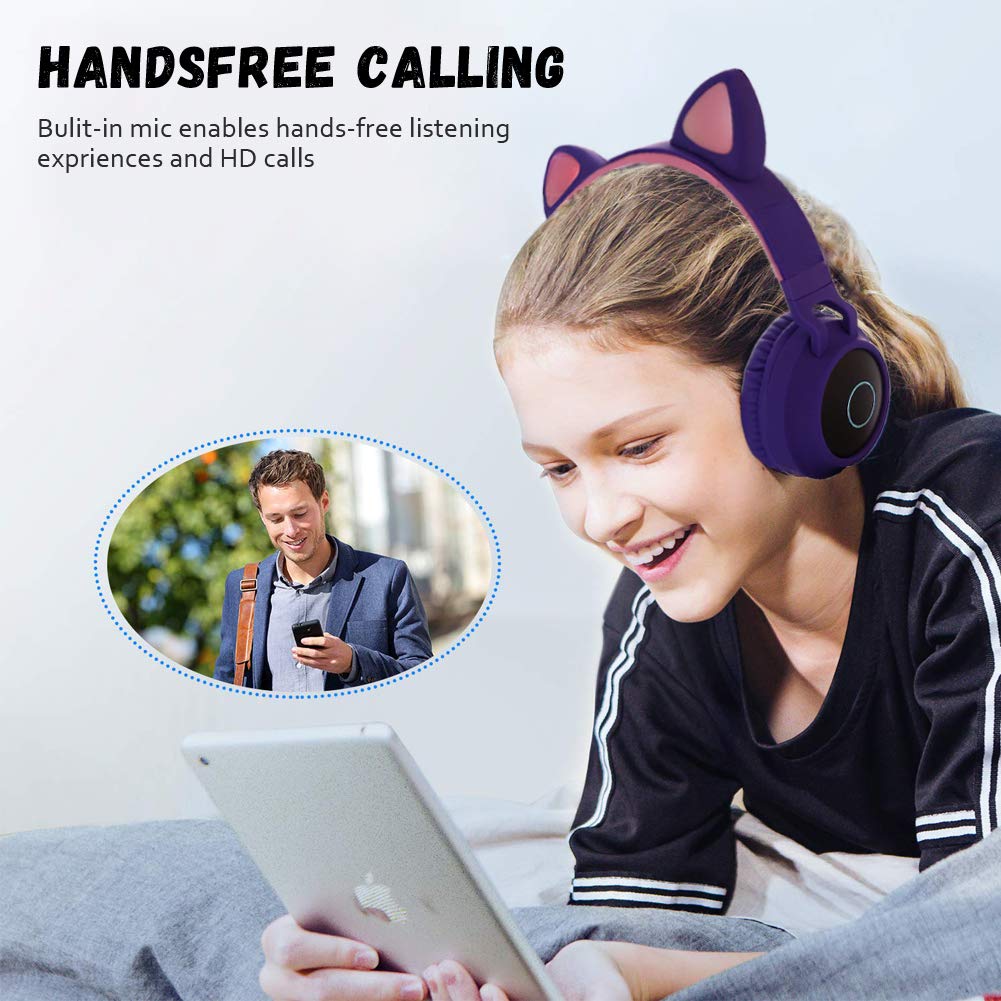 Kids Bluetooth 5.0 Cat Ear Headphones Foldable On-Ear Stereo Wireless Headset with Mic LED Light and Volume Control Support FM Radio/TF Card/Aux…