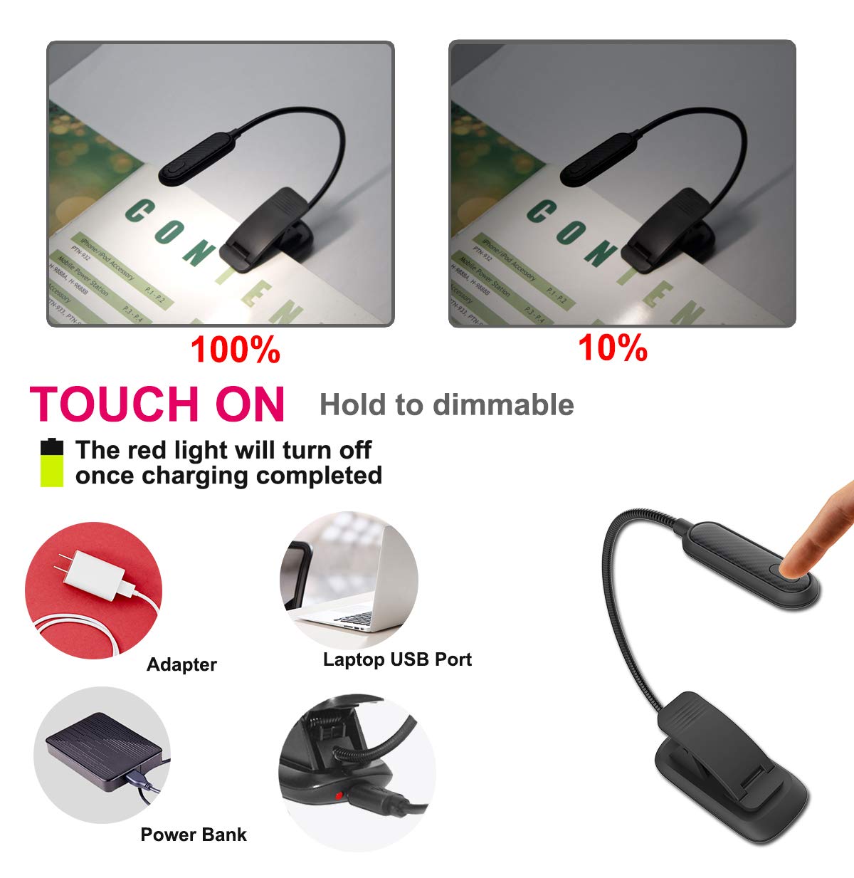 HONWELL Book Light Rechargeable Clip on Reading Light Dimmable Brightness Reading Lights for Books in Bed 3 Lighting Modes Best Kids Book Light